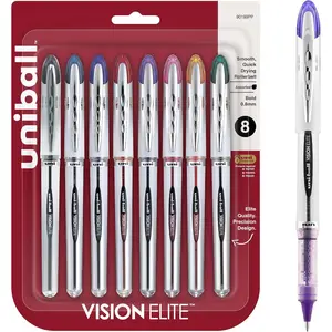 uniball ®   Vision ™   Elite ™   Liquid Ink Rollerball Pens, Bold Point, 0.8 mm, Black Barrel, Assorted Ink Colors, 8