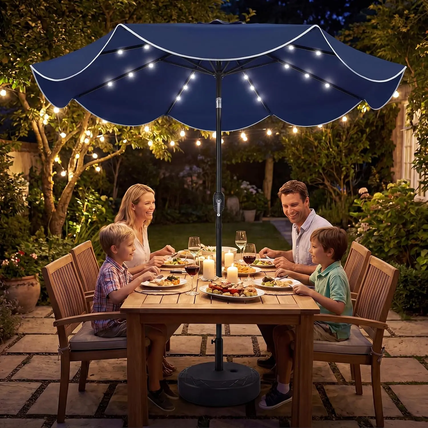 Vallmore 9 FT Solar LED Parasol, 2-Tier Scalloped Design with 24 LED Lights, Push-Button Tilt, Crank Handle, 8-Rib Metal Frame — Day Shade & Night Glow Table Parasol with Base