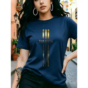 Minimalist Paris Print T-Shirt, Women's White Luxe Gold Stripes Graphic Tee, Parisian Fashion Apparel