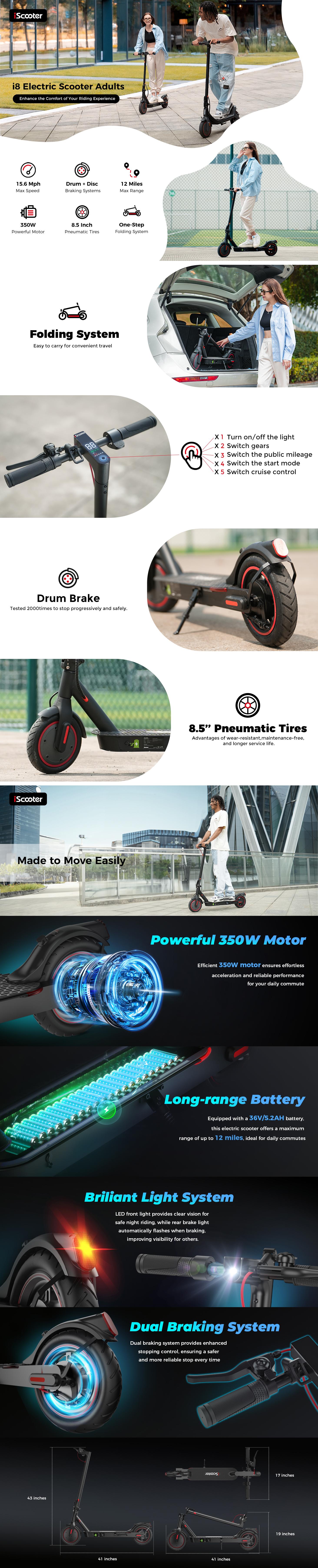 【Spring Sale】iScooter i9 Electric Scooter, 18Miles Range, 19MPH Top Speed, 350W Foldable Commuting with Double Braking Systems and APP for Adults and Teens