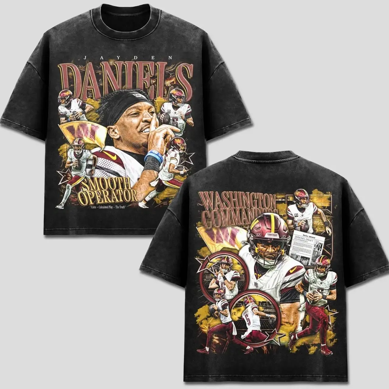 Jayden Daniels Smooth Operator T-Shirt, Washington Football Merch, JD5 Number 5 Graphic, Vintage Bootleg Rap Style Apparel, Retro Acid Washed Shirt, Washington Fan Gift, United States Unisex Casual Oversized Heavyweight Washed Black Top KFA