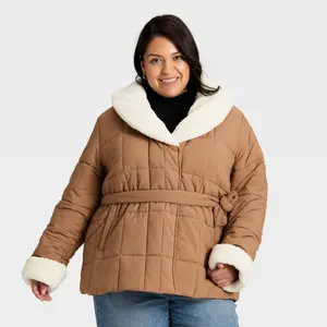 Women's Belted Faux Shearling Puffer Jacket - Ava & Viv