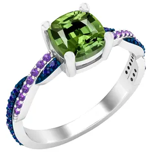 Dazzlingrock Collection 6 mm Cushion Peridot & Round Blue Sapphire & Amethyst Women Swirl Engagement Ring, Sterling Silver, Size 7.5