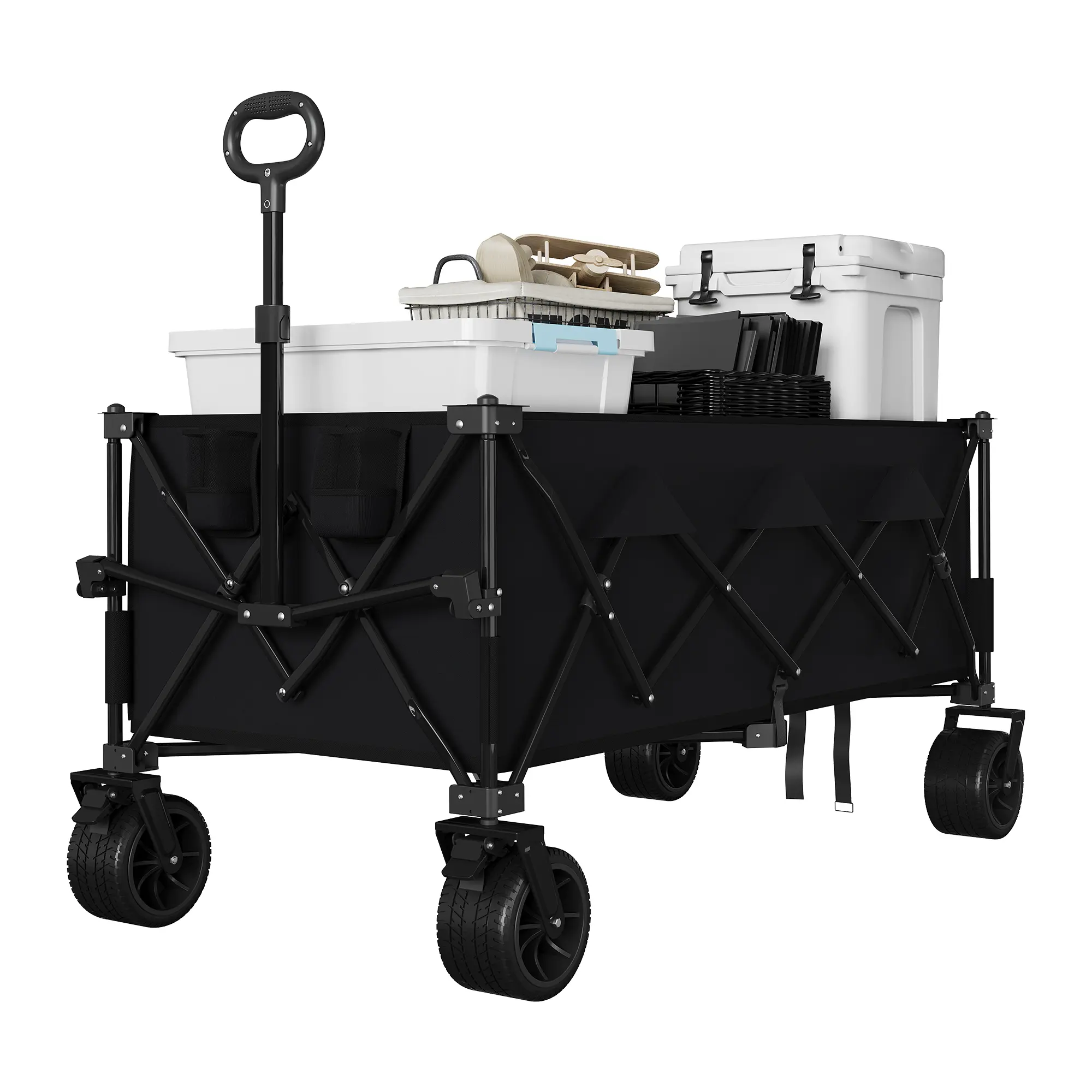 Heavy Duty Utility Beach Wagon Cart, Collapsible Foldable Wagon with All Terrain Wheels & Extra Long Structure, 460lbs High Load Capacity, All-Terrain Wheels, Sturdy Steel Frame with Cup Holders, Portable for Camping, Beach & Garden