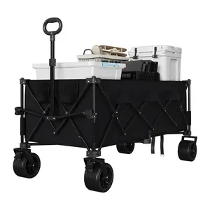 Heavy Duty Utility Beach Wagon Cart, Collapsible Foldable Wagon with All Terrain Wheels & Extra Long Structure, 460lbs High Load Capacity, All-Terrain Wheels, Sturdy Steel Frame with Cup Holders, Portable for Camping, Beach & Garden