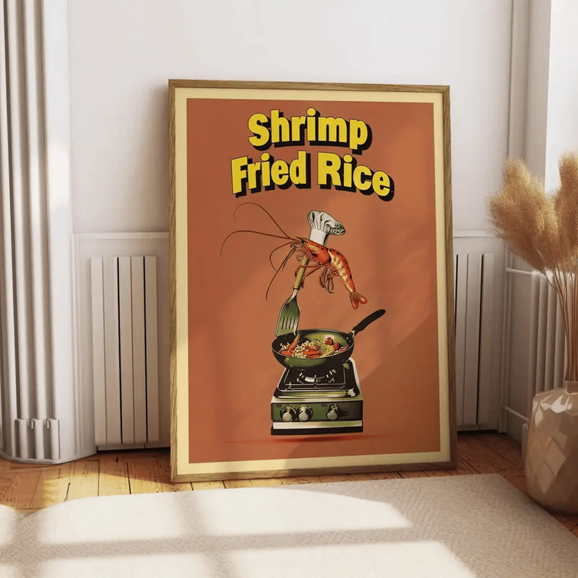 Shrimp Fried Rice Funny Poster Unframed Retro for Kitchen Vintage Bar Wall Decor Andy Warhol Pop Art Style Whimsical Seafood Poster for Man Decor