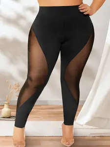 【Plus Size】Solid Color Contrast Mesh Leggings, Casual Comfy Breathable High Waist Skinny Pants for Yoga Gym Workout, Women's Bottoms for All Seasons