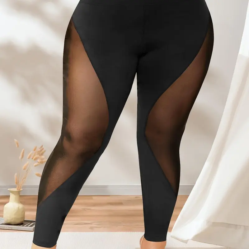 [Plus Size] Solid Color Contrast Mesh High Stretch Leggings, Casual Comfy Breathable High Waist Skinny Pants for Yoga Gym Workout, Activewear for Fitness, Women's Athleisure Breathable Activewear Bottoms, Athletic Bottoms for All Seasons