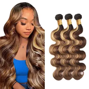 Gefily【14A】 Bundles Human Hair P4/27 Highlight Brown Body Wave Bundles 14A Brazilian Virgin Blonde Body Wave Bundles Human Hair Extensions 34 36 Inch Honey Blonde Body Wave Bundles Human Hair Weave