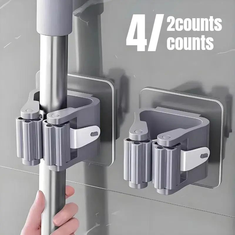 Wall Mounted Mop & Broom Holder, 2/4 Counts Punch Free Self Adhesive Mop & Broom Storage Rack, House Organizer, Home Organizer, Bathroom Organizing Accessories for Bathroom Kitchen Toilet, Room Organization Products