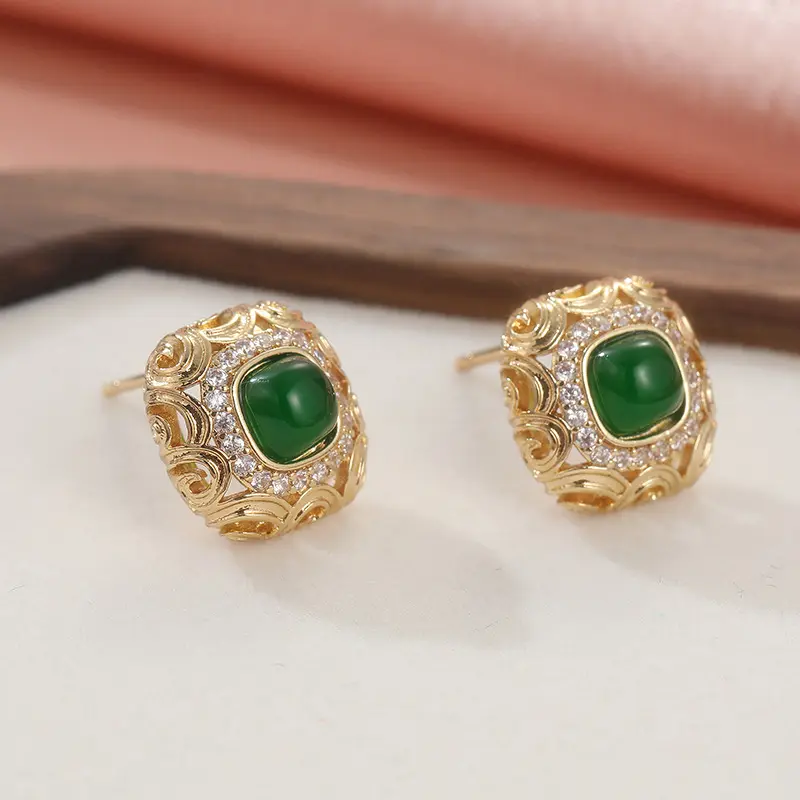 Ancient Chinese Style Earstuds with Green Jade Marrow Inlaid Zirconia Light Luxury Women's Elegant Versatile Fashion Niche Earrings Exquisite Jewelry shoop earrings