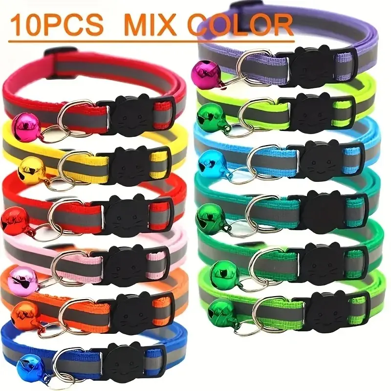 10 Pack Reflective Breakaway Cat Collars with Bells Round Ears Durable Polyamide Adjustable Safety Pet Collar Set for Kitten Small Cats