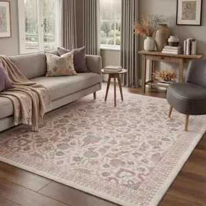 【Deals For You Days】GENIMO Area Rugs for Living Room, Machine Washable Non Slip Vintage Rugs, Low Pile Lightweight Chenille Print Rug for Bedroom, Dining Room, Home Office, Dusty Rose