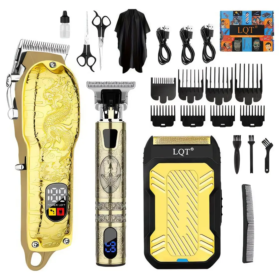 LQT professional men’s hair grooming device includes a cordless clipper, a men’s trimmer, an electric shaver, USB charging with digital power display, guide combs in various sizes, scissors, barber cape, cleaning brush, charging cable, and other complete