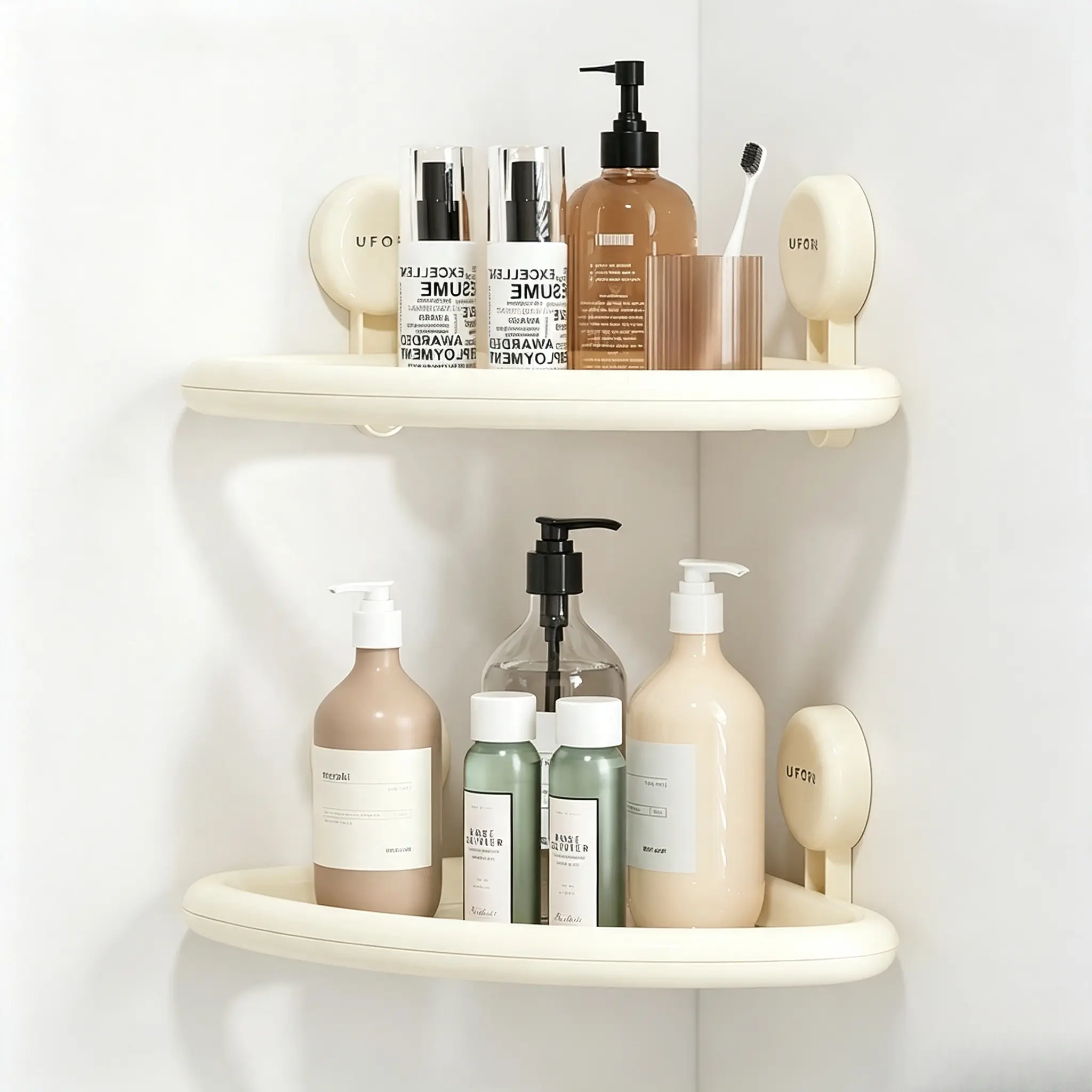 Cream Suction Corner Shower Shelf, No Drill Drain Wall Mount Storage Rack For Bathroom Kitchen 90° Corner Rental Apartment Hotel Vanity