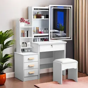 Modern Vanity Desk with Mirror and Lights Makeup Desk with Drawers and Cabinet Vanity Table with Led Light Big Makeup Table Bedroom Home vanity