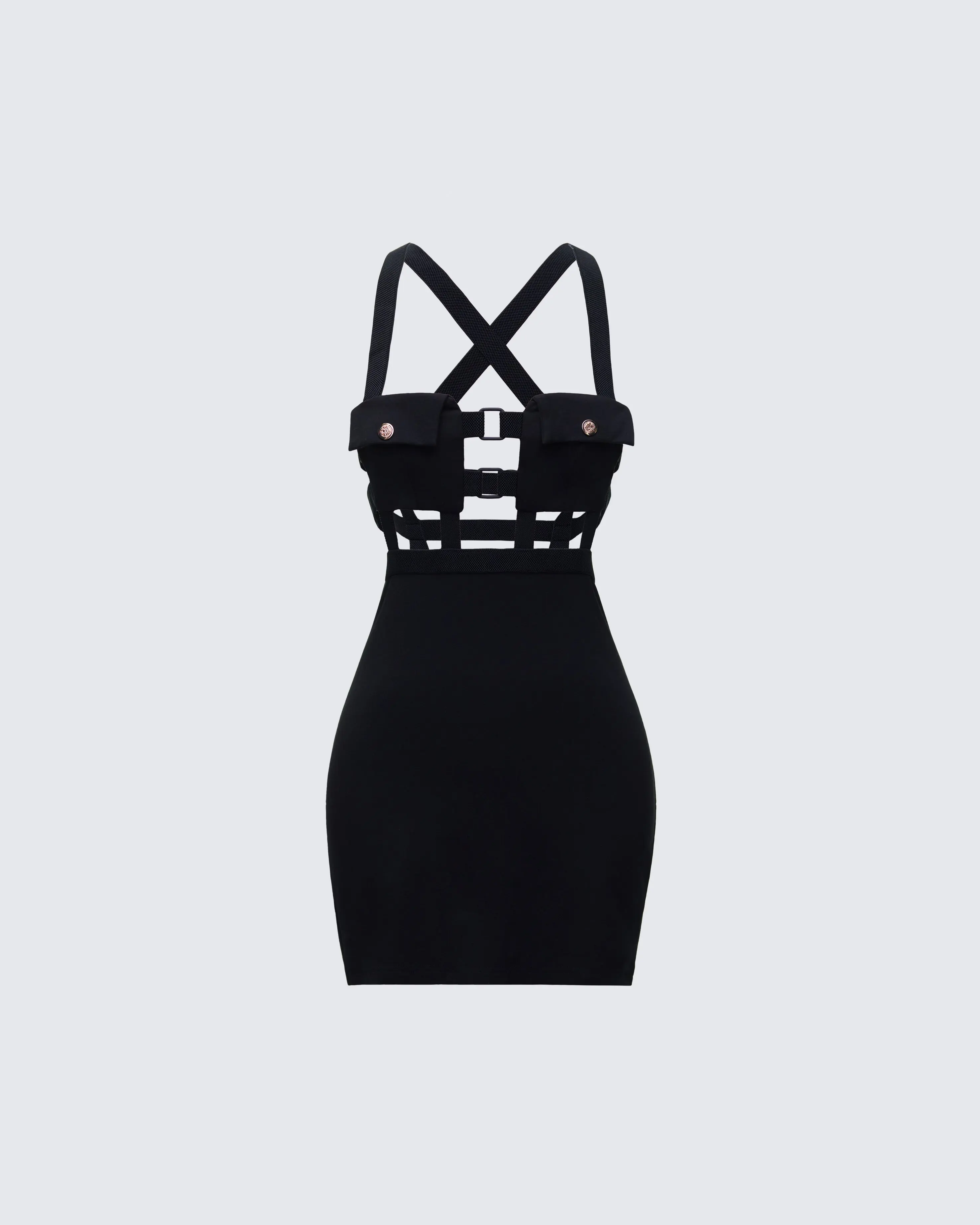 Women's Miranda Black Spandex Ponte Bodycon Dress - Sleeveless, Cutout, Straight Mini, Fitted, Buckle Straps