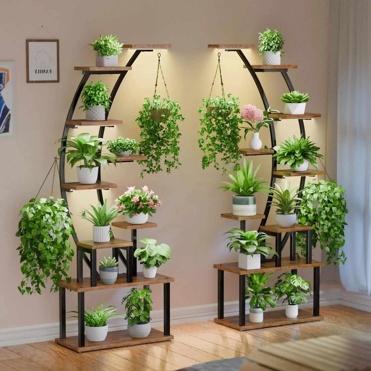 POZILAN Plant Stand Indoor with Grow Lights, 9 Tiered Metal Plant Shelf, 64" Tall Plant Stand for Indoor Plants Multiple, Large Plant Rack Display Shelves, Curved Plant Holder for Living Room, Patio Flower Decorative Modern Home