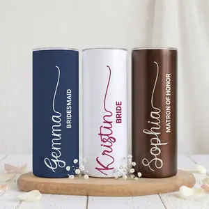 RodyThread Custom Personalized 20oz Skinny Tumbler - Insulated Stainless Steel Drinkware, Minimalist Elegant Dusty Blue & White, Cursive Script Name, 500-1000ml, for Bridesmaid Proposals (Adults, Mother’s Day/Anniversaries) Gift Box Favor