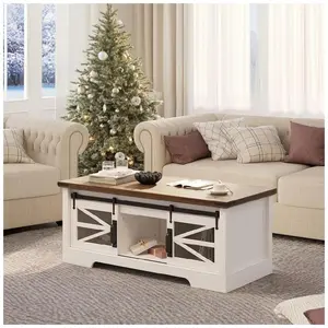 Rustic Brown Farmhouse Lift Top Coffee Table Multifunctional Design with Sliding Barn Door Hidden Storage Adjustable Shelf and Dining Height Workspace for Living Room or Dining Area