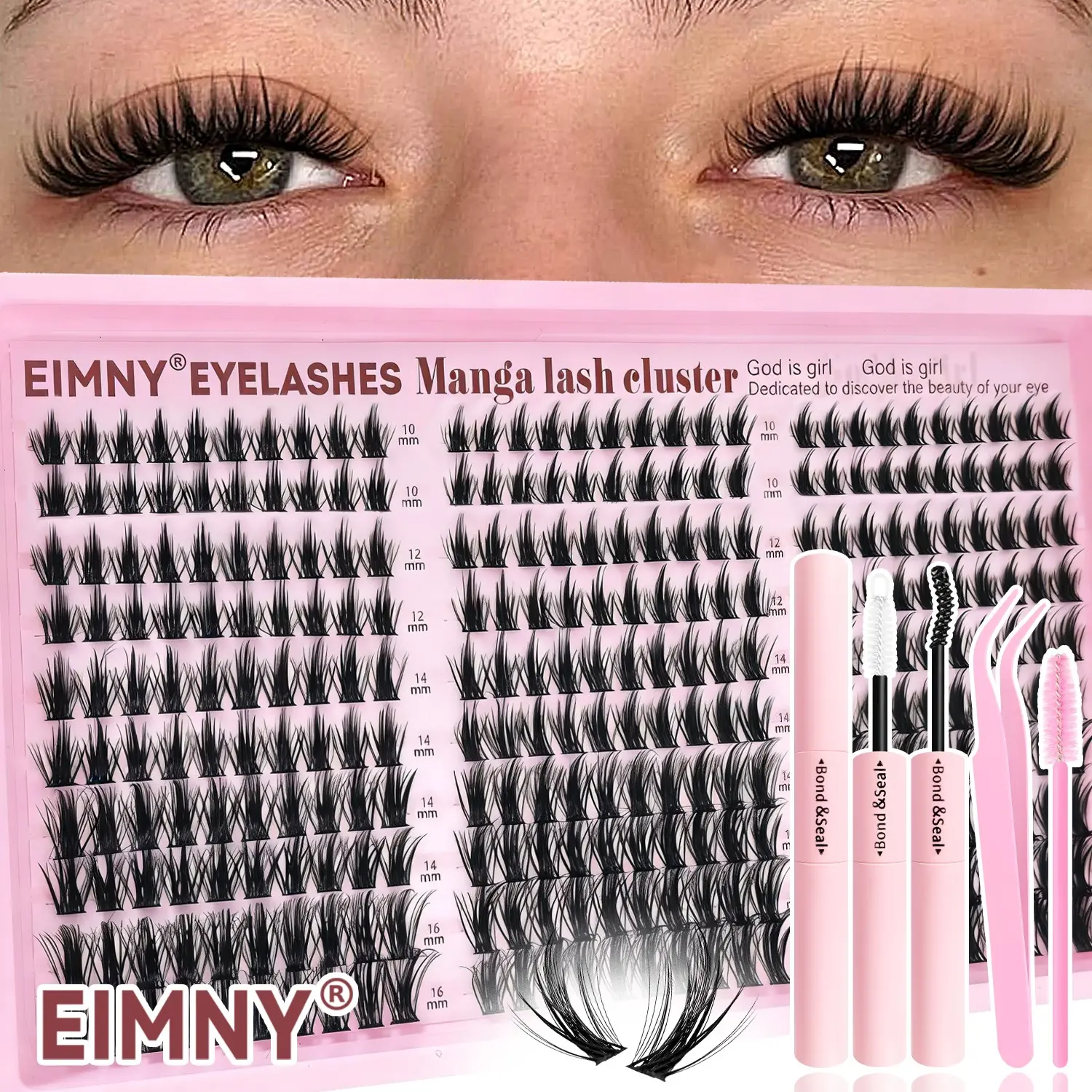 EIMNY 300Pcs Manga Lash Clusters, Diy False Eyelashes, Wispy Eyelash Extensions Box with Tool Kit, Natural Volume DIY Lash Extension, D Curl Individual Lashes, Multiple Lengths, Reusable, Easy to Wear, for Daily Use and Gifting