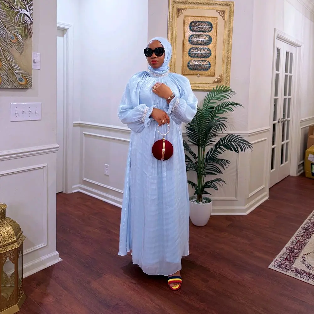Sky Abaya Dress - Elegant blue Long Sleeve Maxi with white/silver Accents and Gold Trim