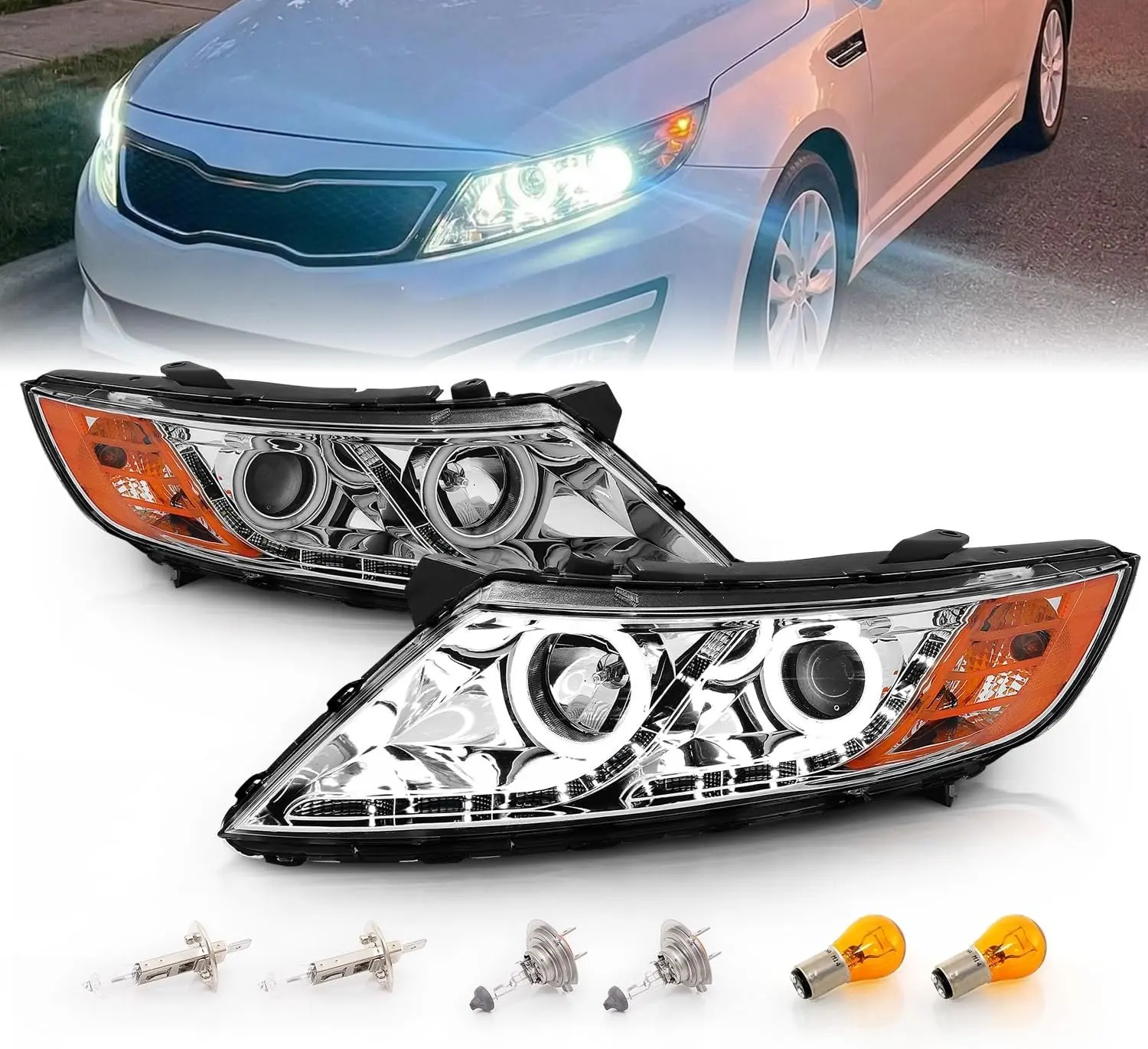AmeriLite for 2011-2015 Kia Optima Halogen Model Xtreme LED Halo Rings Projector Chrome Replacement Headlights Set - Driver and Passenger Side