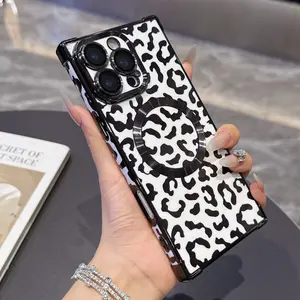 Luxury Leopard Print Shiny Square Edge Phone Case Cover, Casing, Compatible with iPhone 16 15 14 13 Pro Max, Magnetic Wireless Charging Protection, Accessories