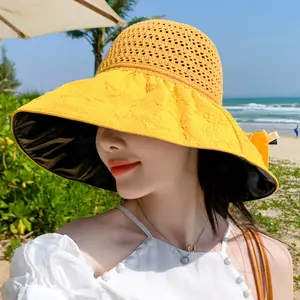 Black Vinyl Sun Hat for Women, Summer Sun Hat with Bow, Straw Hat, Versatile Wide Brim Sun Hat, Foldable Bucket Hat
