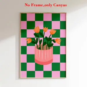1pc,Modern Minimalist Vase Art Print - Pink & Green Checkered, Orange Flowers, Unframed Canvas Wall Decor, Modern Home Decor for Living Room, Bedroom, Kitchen,