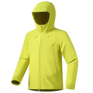 Bright Yellow Hooded Jacket Men Outdoor Coat Waterproof Zipper Pockets Mens Hiking Jackets
