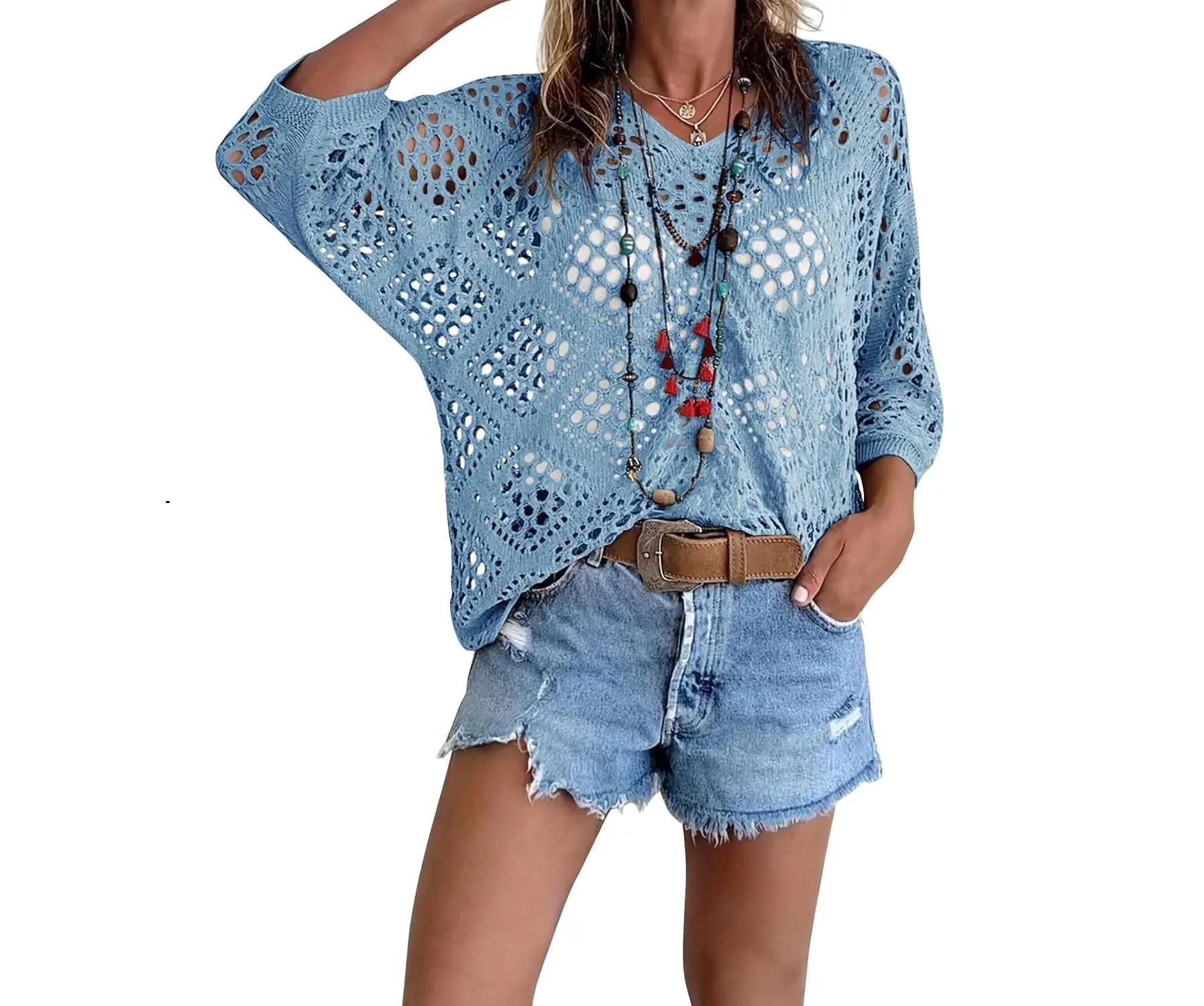 Women's Bohemian-Inspired Beige Crochet Top with V-Neck Casual Chic