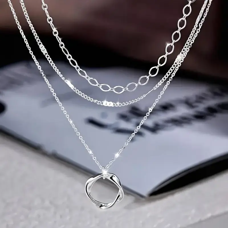 2026 New sterling silver layered necklace-stylish round pendant design, ideal for parties, vacations, and gifting
