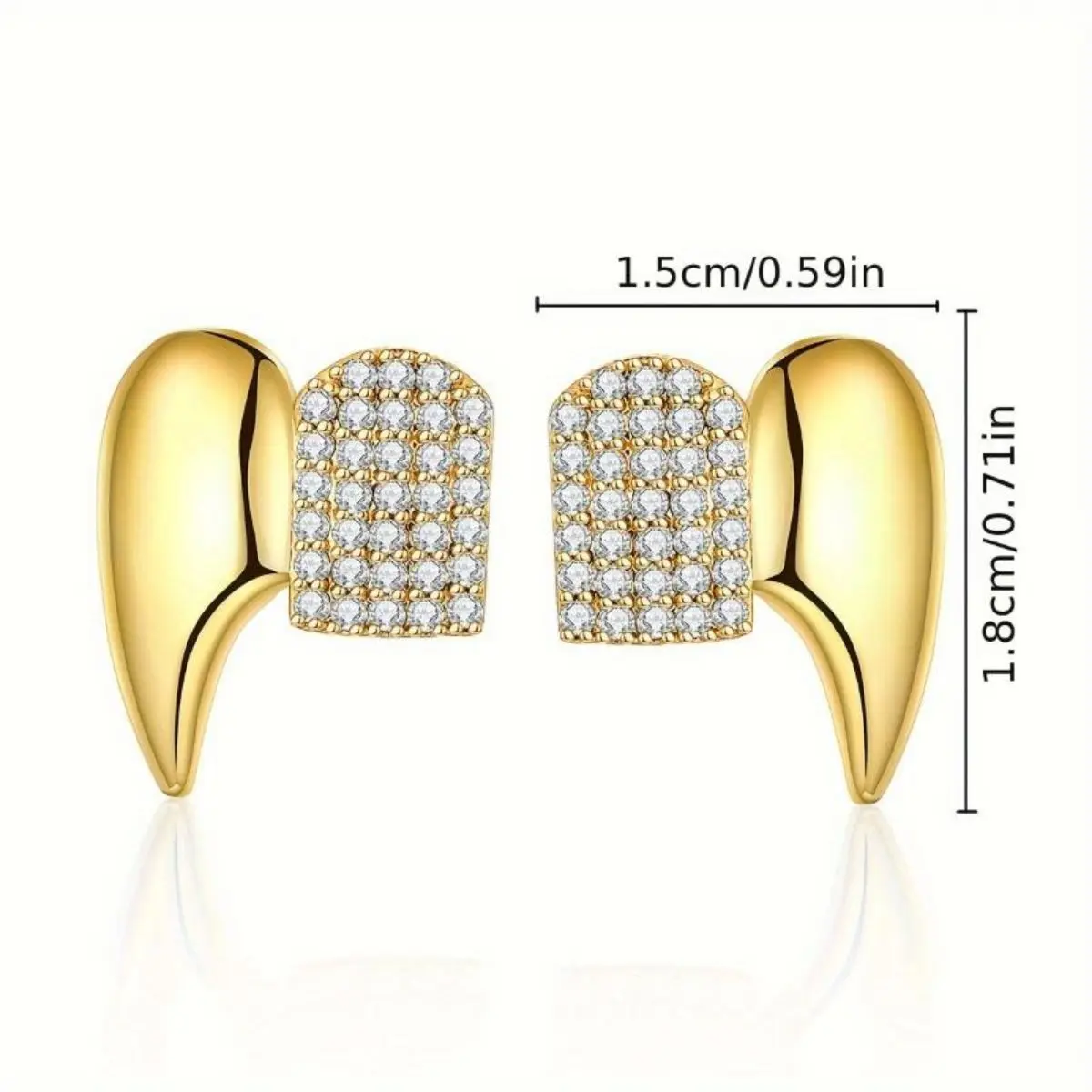 popular2pcs Hip Hop Double Paved Faceted Synthetic Zirconia Fang Teeth Grills, Punk Ste, 14K Gold Plated, Copper, for Halloween, Peonality Golden Teeth Accessories, Unisex  Oral