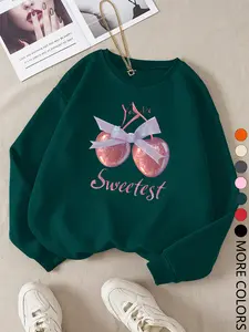 New Casual Creative Cherry Pattern Print Sweatshirt, Teen Girls Sportswear, Women Daily Wear, Fashion Comfort Long Sleeve Pullover