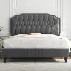 【Limited time deal】BM-CZW  Full Bed Frame Velvet Upholstered Platform Bed with Curved Headboard, Height-Adjustable Headboard/Noise-Free/Wooden Slats Support/No Box Spring Needed/Easy Assembly, Dark Gray Full Bed