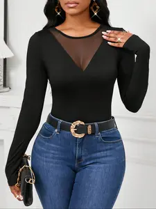 Women's Elegant Solid Casual Knitted Elastic Top, Round Neck Mesh Patchwork Faux V-Neck Slimming Commuter Long Sleeve Shirt Fit Knitwear, Womenswear