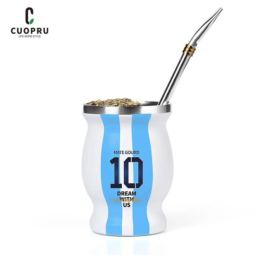 Argentina Captain No.10 Yerba Mate Gourd, Double-walled Stainless Steel Vacuum Insulated Mate Cup for Keep Hot/Ice Coffee, Water, Tea and Beer, with Bombilla Straw, Cleaning Brush Tumbler Bottles Drinking Kitchenware