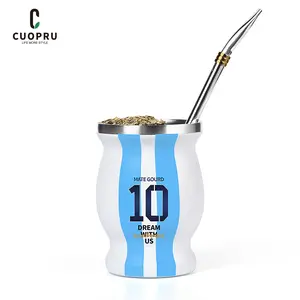 Argentina Captain No.10 Yerba Mate Gourd, Double-walled Stainless Steel Vacuum Insulated Mate Cup for Keep Hot/Ice Coffee, Water, Tea and Beer, with Bombilla Straw, Cleaning Brush Tumbler Bottles Drinking Kitchenware