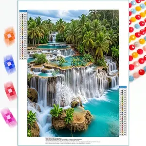 1 Set 30x40cm DIY Full Round Diamond Painting, Art, Realistic Fresh Style, Multi-Layer Blue-Green Waterfall, Tropical Palm Tree Pattern, Water Flow Texture, Layered Vegetation, Suitable For All Seasons