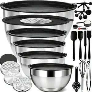 6 Piece Multi Specification Mixing Bowls With Colorful Lids Stainless Steel Salad Bowls Includes 3 Graters And 8 Bonus Kitchen Tools For Home Use