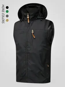 Men's Solid Pocket Zipper Hooded Vest Waistcoats, Regular Fit Casual Sleeveless Jacket Outerwear for Spring & Fall, Men's Clothes for Outdoor Activities Tops