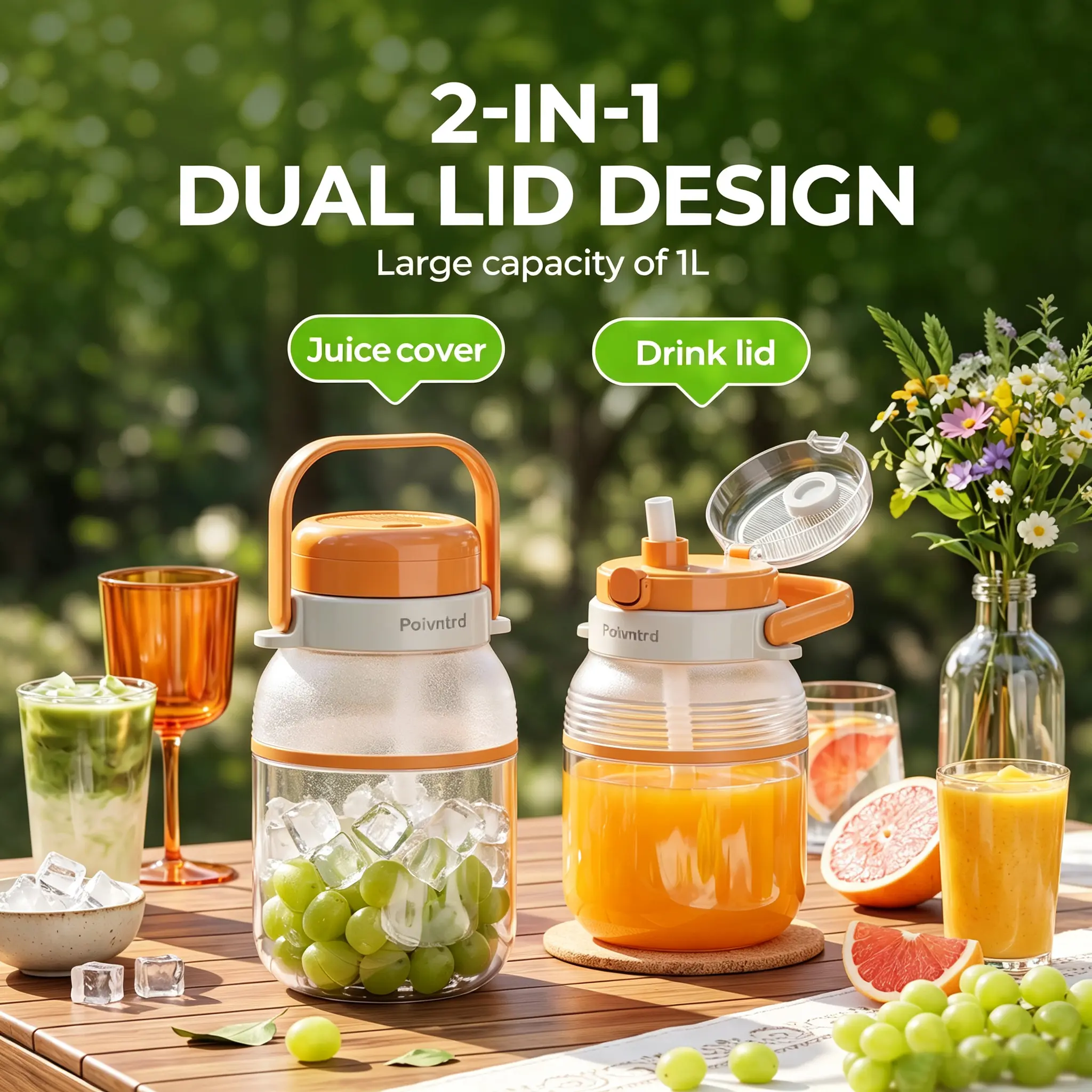 Rechargeable Portable Stainless Steel Blender - 80W Motor, 1L BPA-Free Cup, 12-Leaf Ice Crushing System (30s Crush), Dual Lids, 1500mAh Battery, Safety Lock, Easy Clean for On-the-Go Users (Portability Focus)