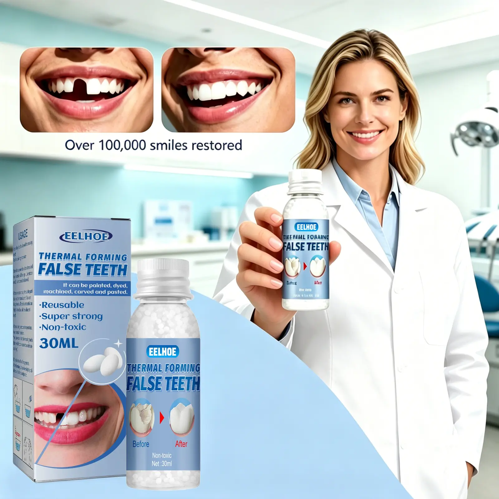 EELHOE Moldable Dental Gel Dentures Temporary Fillings for Broken Teeth,Cavities & Gaps | Shapeable Tooth Repair Kit with Dental Glue Film & Makeup | Oral Care Fake Tooth Replacement Solution Reusable Natural Smile Dental Veneers Whitening confident smile