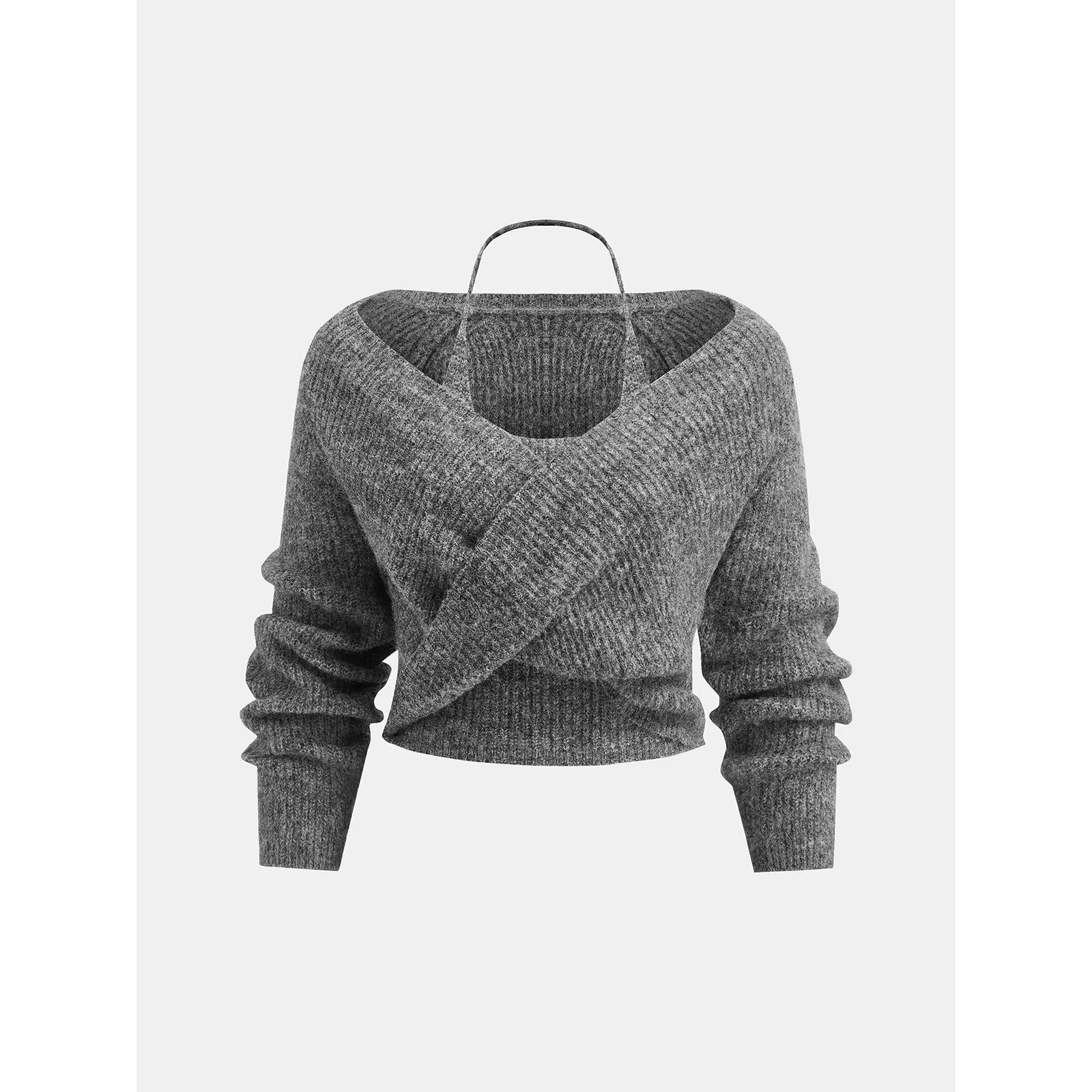 Wool-Blend Two-Piece Set Crossover Halter Knit Top