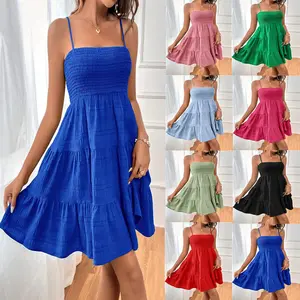 Women's Sleeveless A-Line Smock Cami Mini Sundress - Adjustable Straps, Open Back, Ruffle Hem, Solid Color - Casual Cute Summer Wear (A-Line Dress)