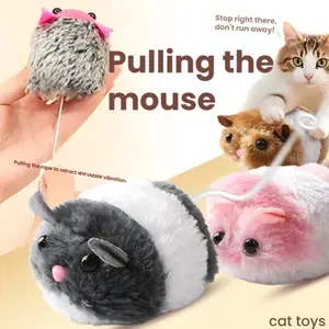 Cat Toy Pull Rope Toy Stress Relief Striped Plush Mouse Interactive Ring Vibration Mouse, Fun Cat Plaything for Entertainment