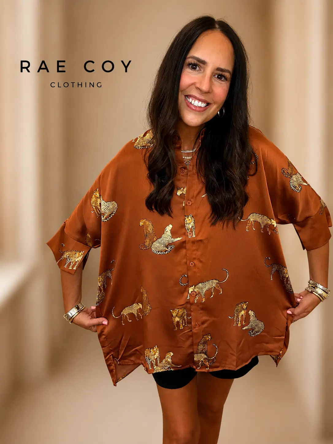 Rust Satin Leopard Button Up