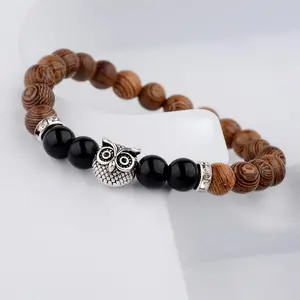 Unisex Exotic Style Owl Frosted Stone Bracelet - Wood Grain Lifeline Design, Black Gold Alloy Beads, Lead-Free & Phthalate-Free Fashion Costume Jewelry Accessory, yes