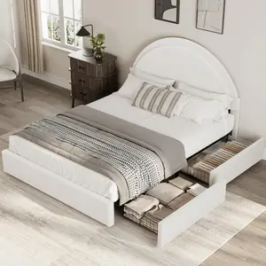 Garvee Upholstered Boucle Platform Bed Frame with Round Headboard and Storage Drawers, Heavy Duty and Noise Free, No Box Spring Needed, Available in Twin, Full, and Queen Sizes with Wooden or Metal Slats, Easy Assembly, Multiple Colors